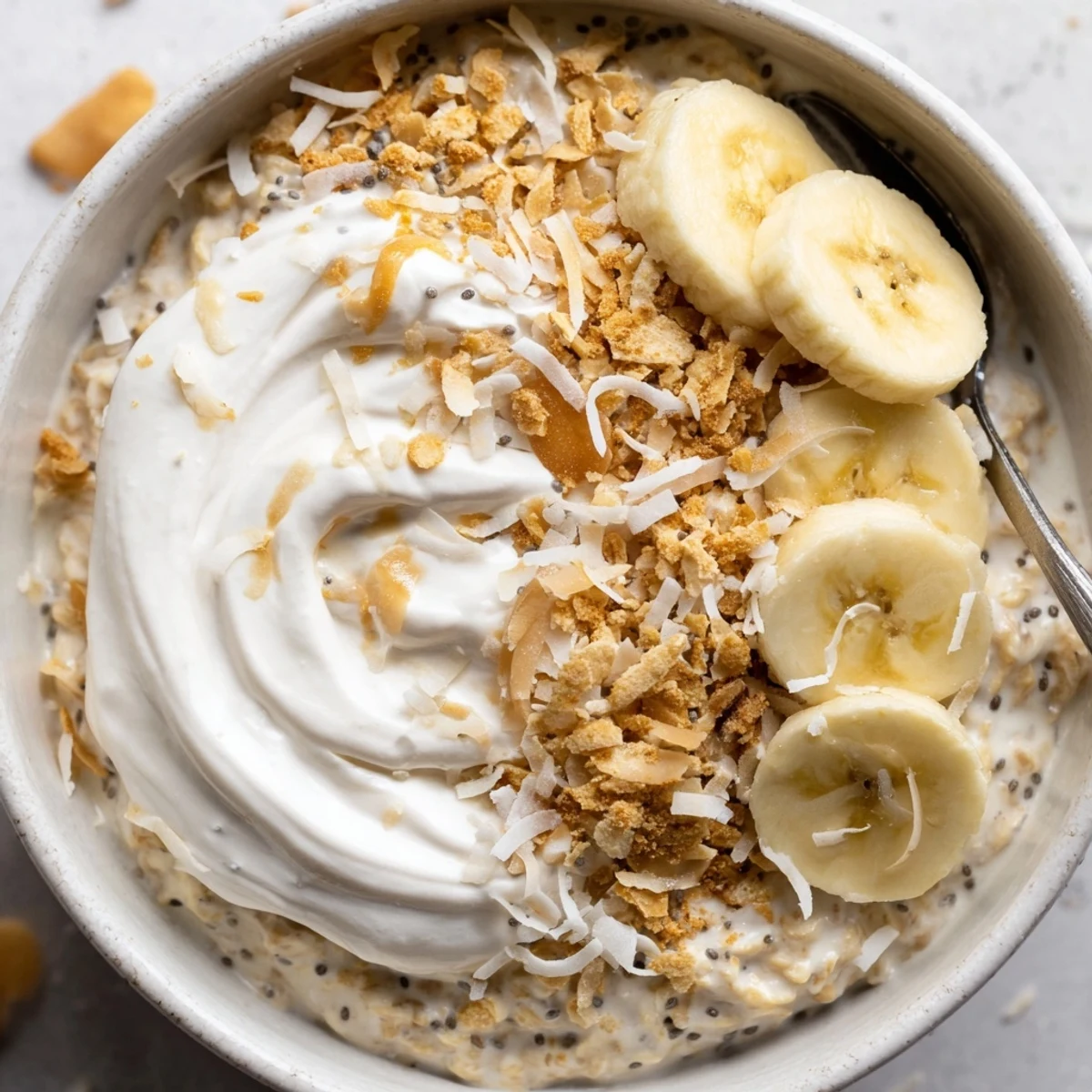 Coconut Cream Pie Overnight Oats topped with toasted coconut and banana slices