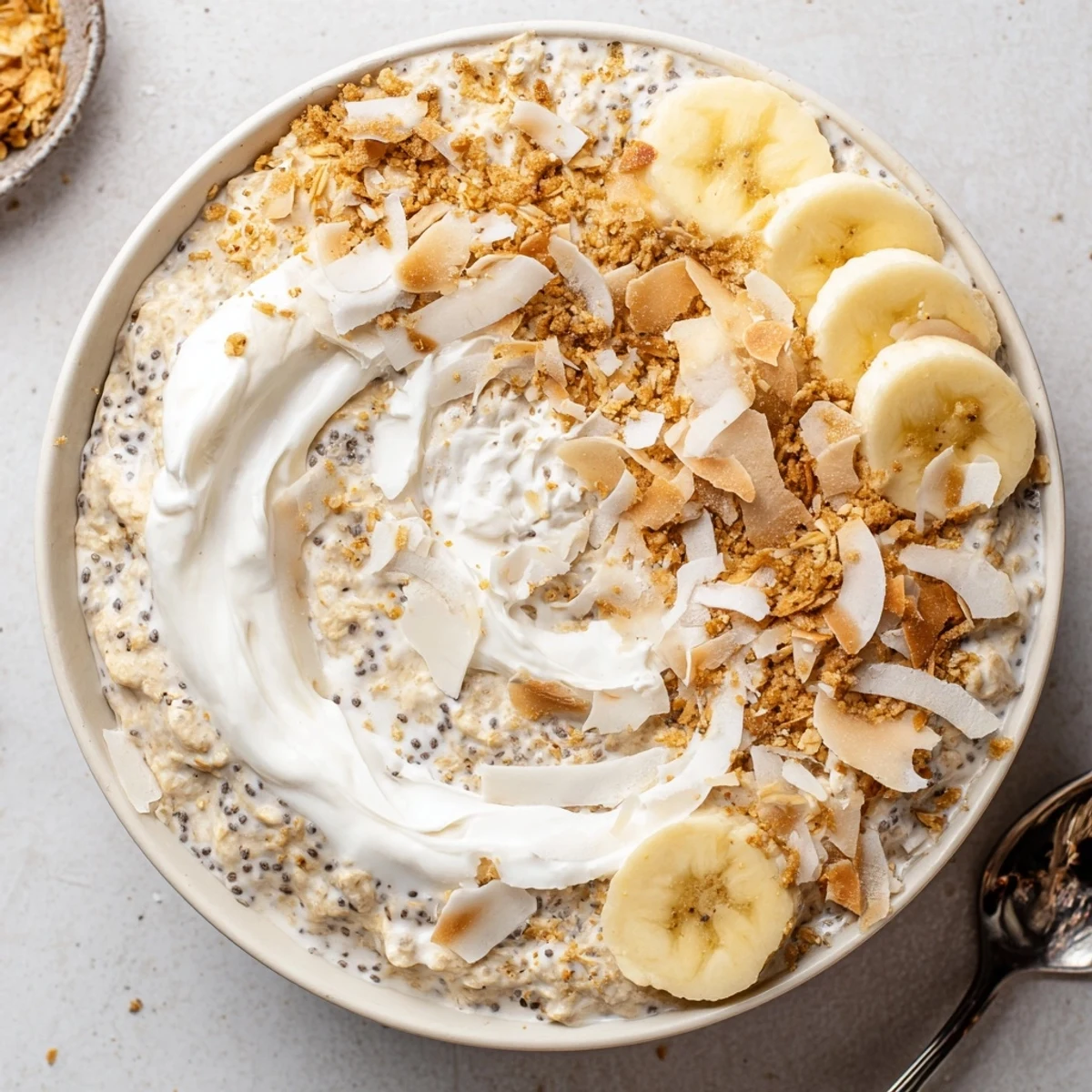 Make-ahead Coconut Cream Pie Overnight Oats layered with graham crumbs and toasted coconut flakes