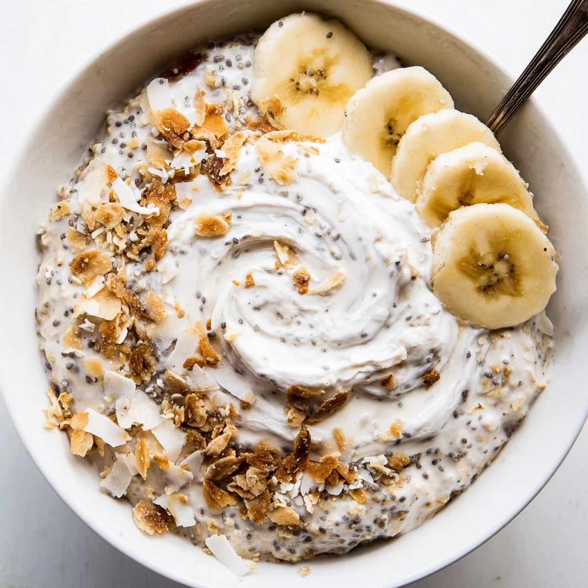 Chilled Coconut Cream Pie Overnight Oats in a jar, creamy, subtly sweet