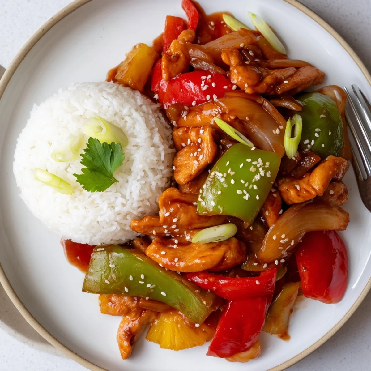 Sweet Hawaiian Crockpot Chicken simmering in glossy pineapple sauce over steamed rice