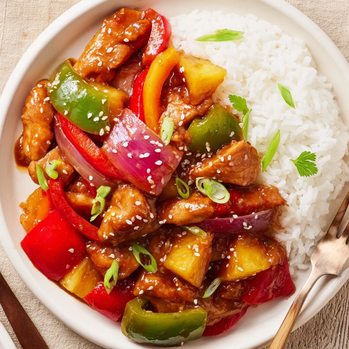 Tender shredded peppers and pineapple releasing aroma in Sweet Hawaiian Crockpot Chicken