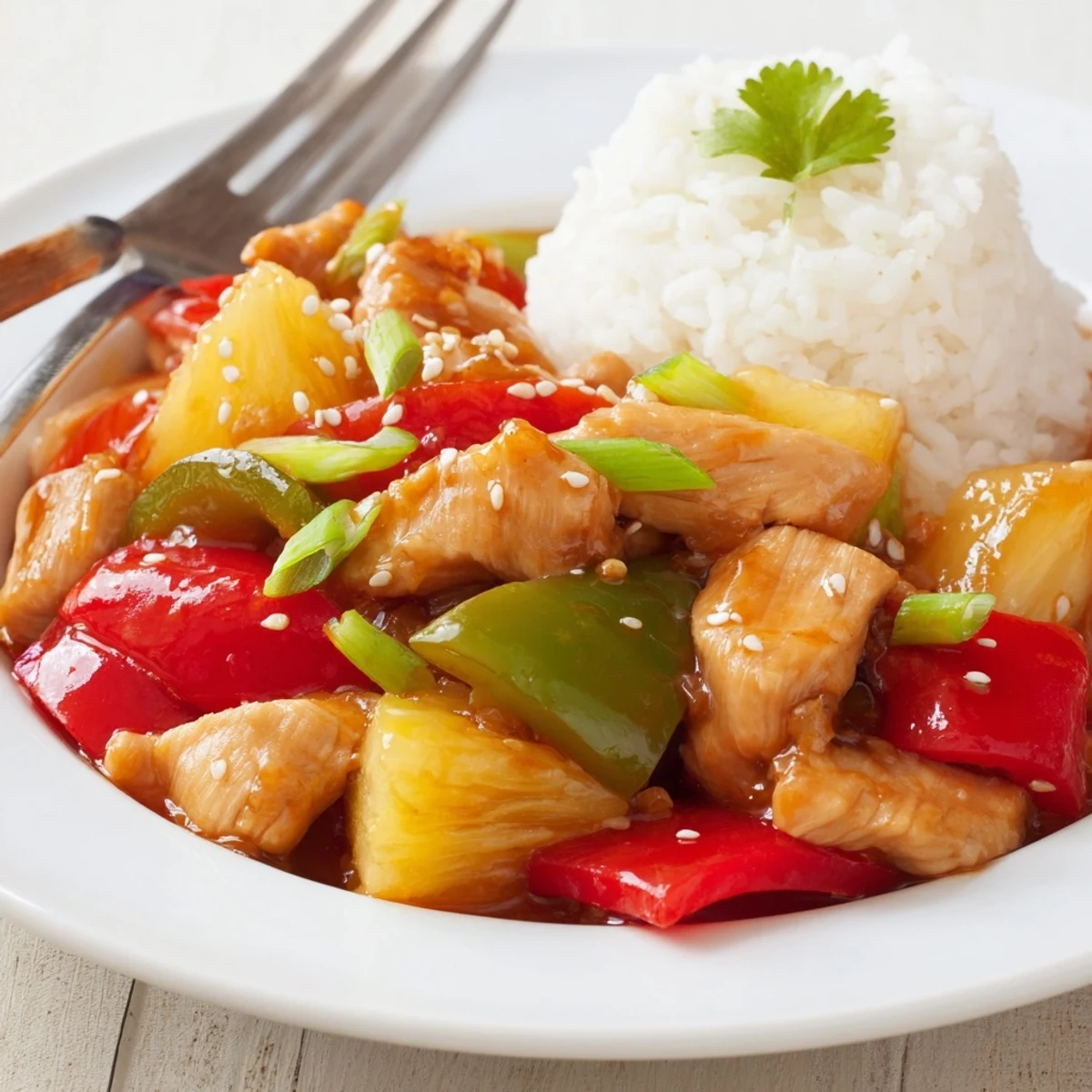 Sweet Hawaiian Crockpot Chicken piled on jasmine rice, garnished with sesame seeds