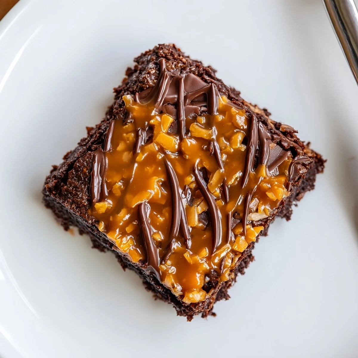 Samoa Brownies with glossy chocolate drizzle, toasted coconut, and soft caramel squares