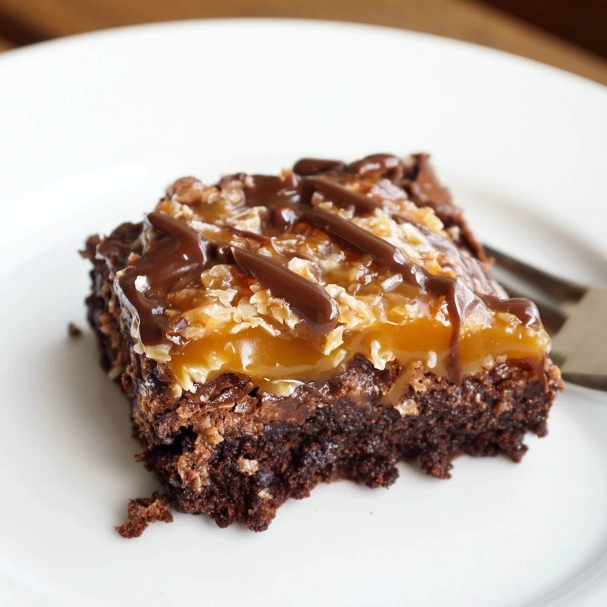 Plated Samoa Brownies cooled on parchment, edges fudgy, coconut topping golden