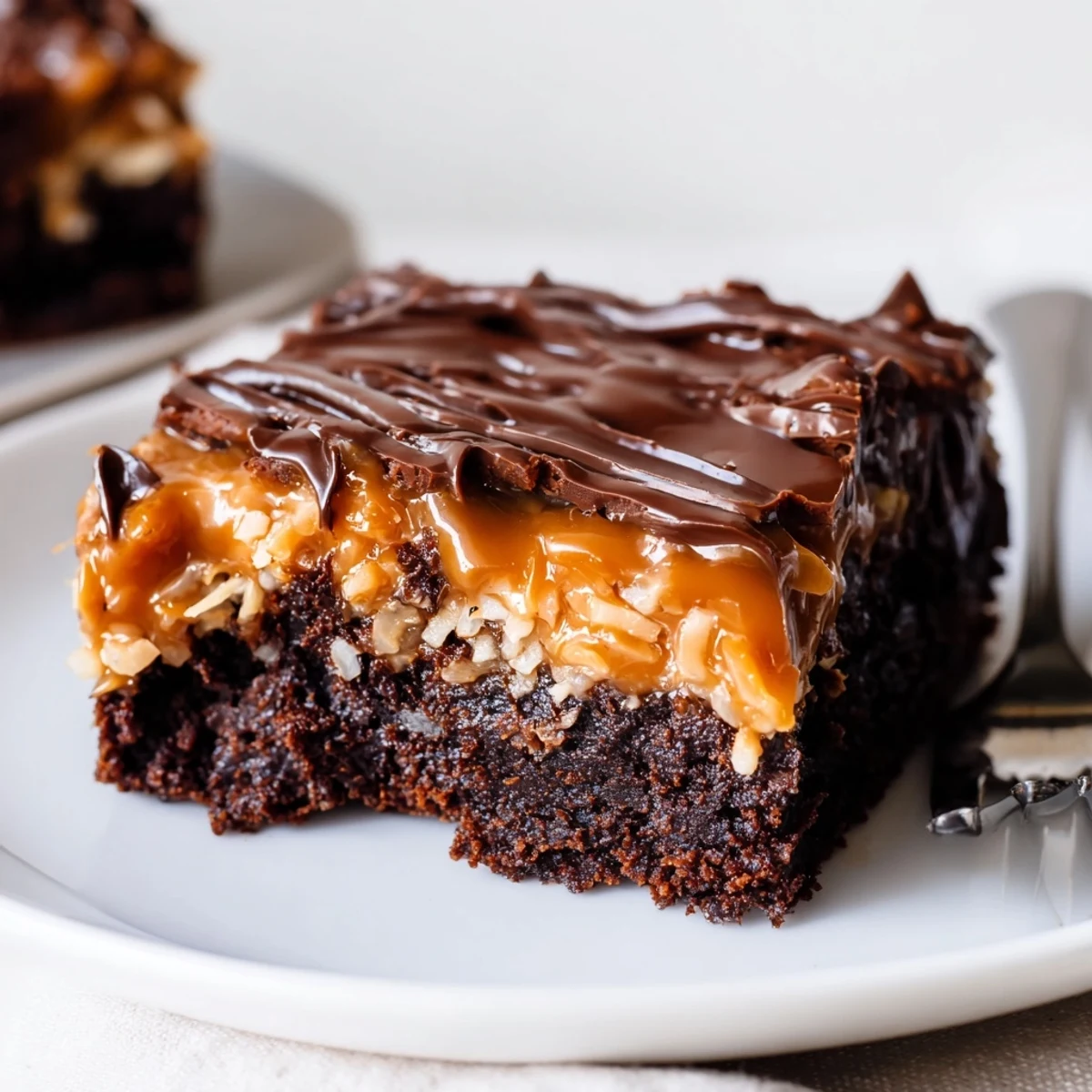 Samoa Brownies stacked beside coffee, sticky caramel glistening under chocolate drizzle