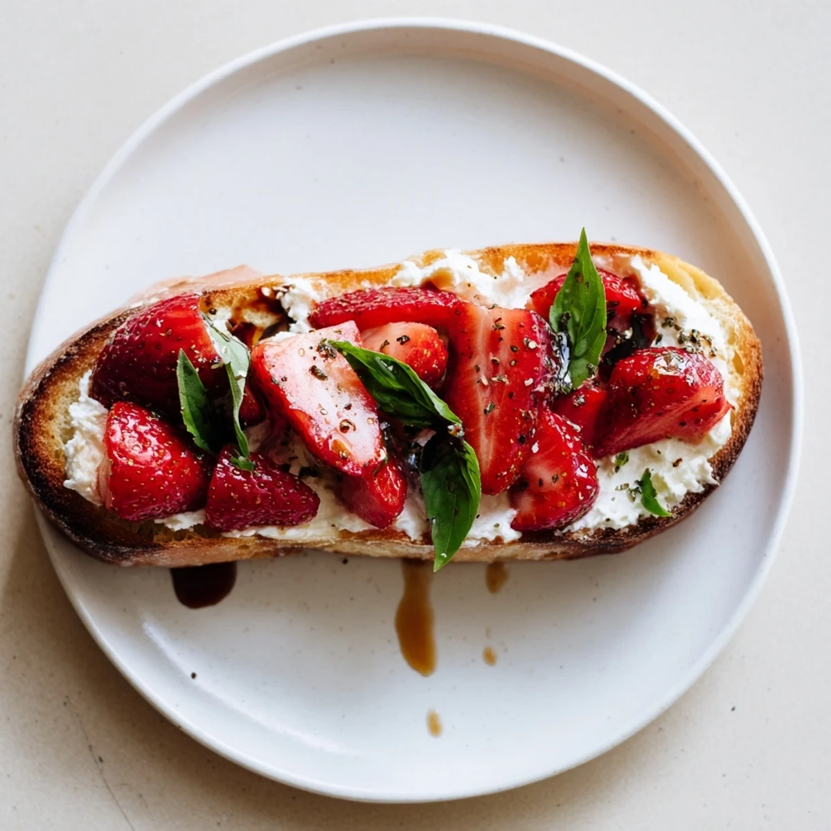Strawberry Ricotta Bruschetta arranged on rustic board, fresh basil and balsamic glaze.
