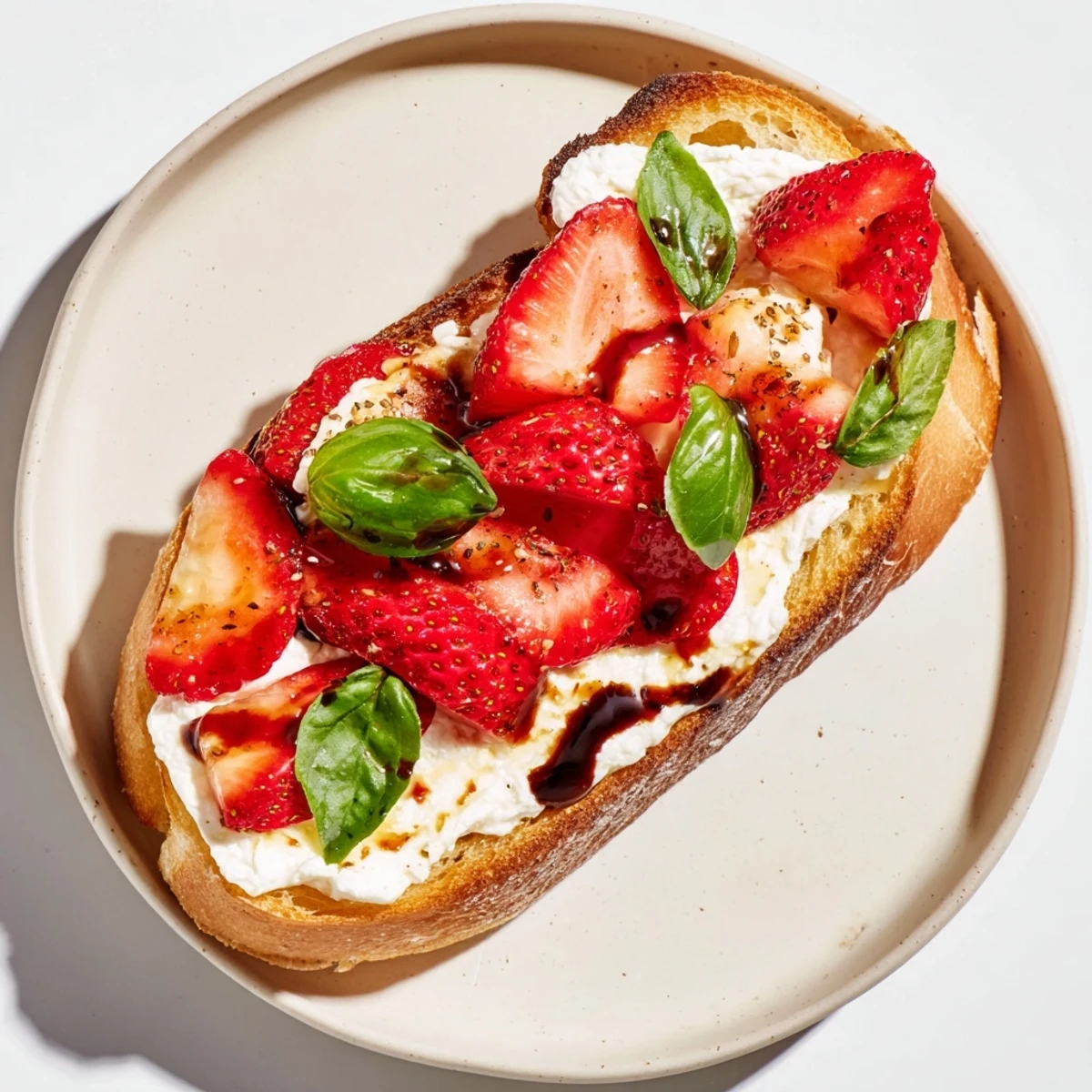 Toasted baguette topped with creamy Strawberry Ricotta Bruschetta, juicy strawberries glistening.