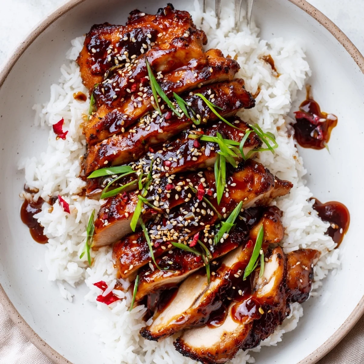 Char Siu Chicken glazed glossy and caramelized, resting atop steamed jasmine rice