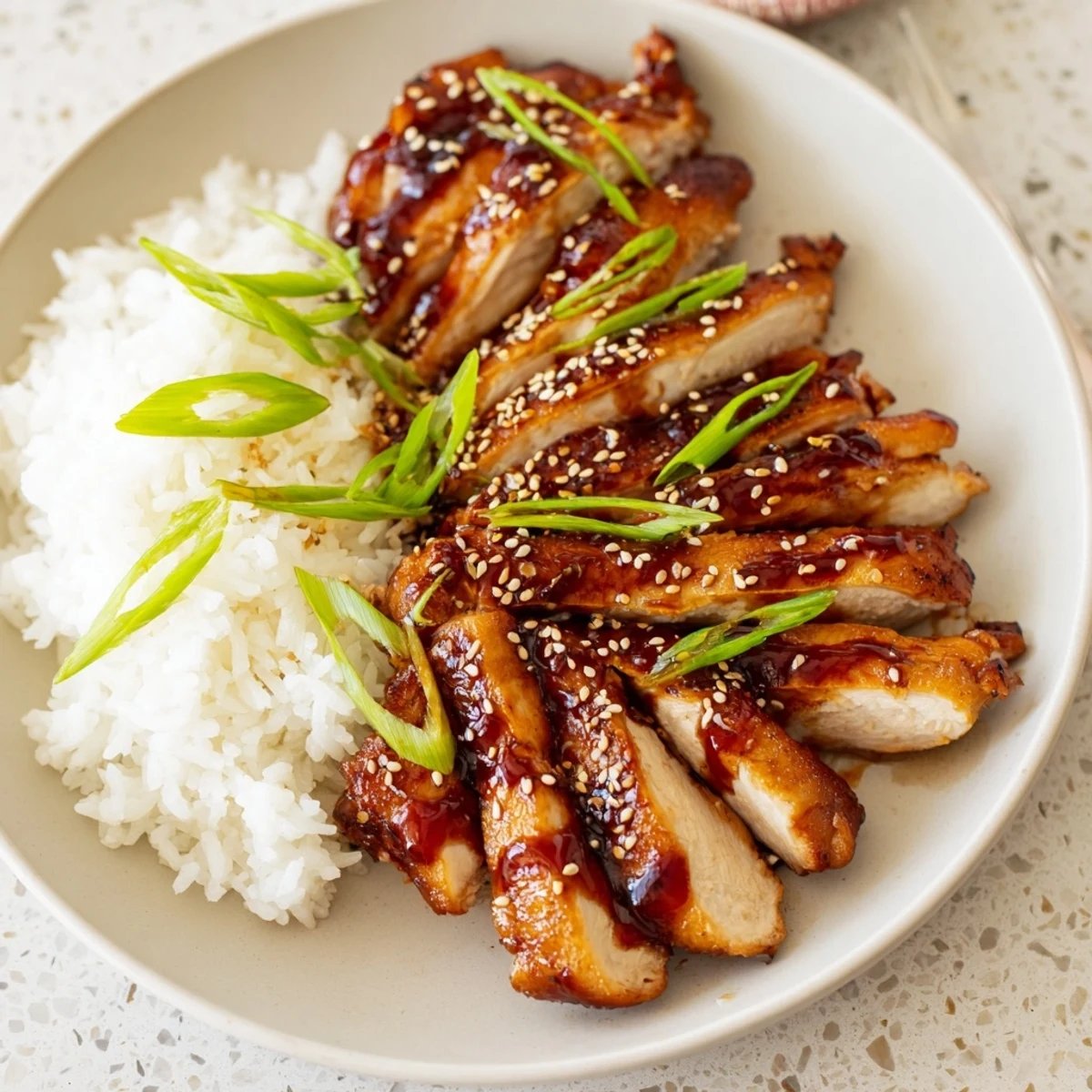 Slices of Char Siu Chicken with sesame seeds and scallions, juicy aroma