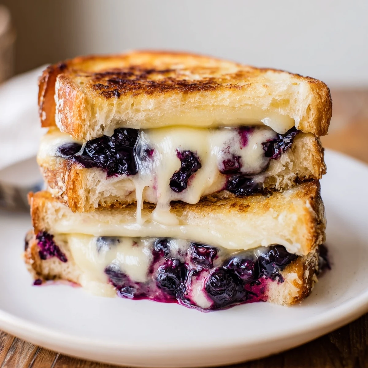 Sliced Crispy Blueberry Grilled Cheese on a skillet juicy fruit pockets visible