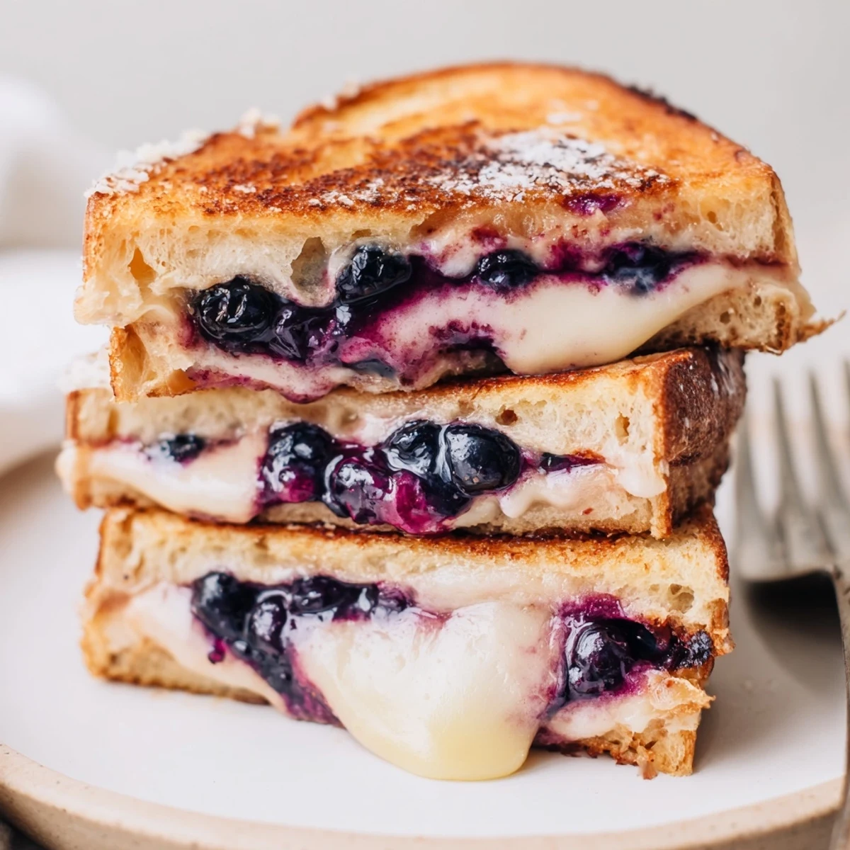 Crispy Blueberry Grilled Cheese served with honey drizzle and fragrant lemon zest