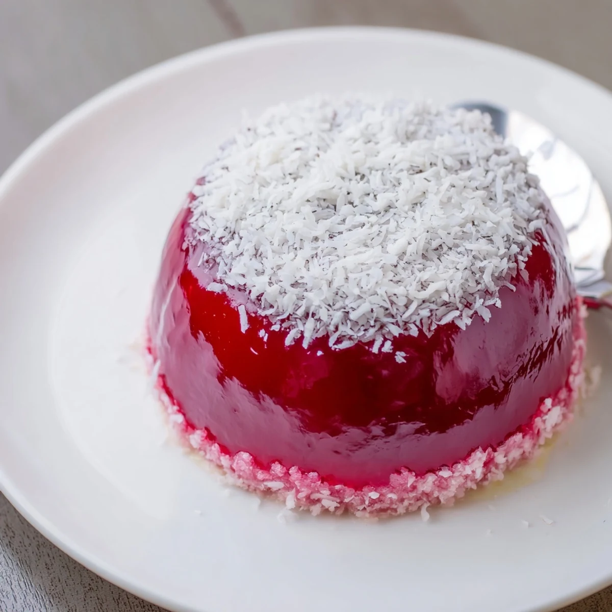 Handheld Old Fashioned Pink Jelly Cakes dusted with desiccated coconut, vibrant raspberry