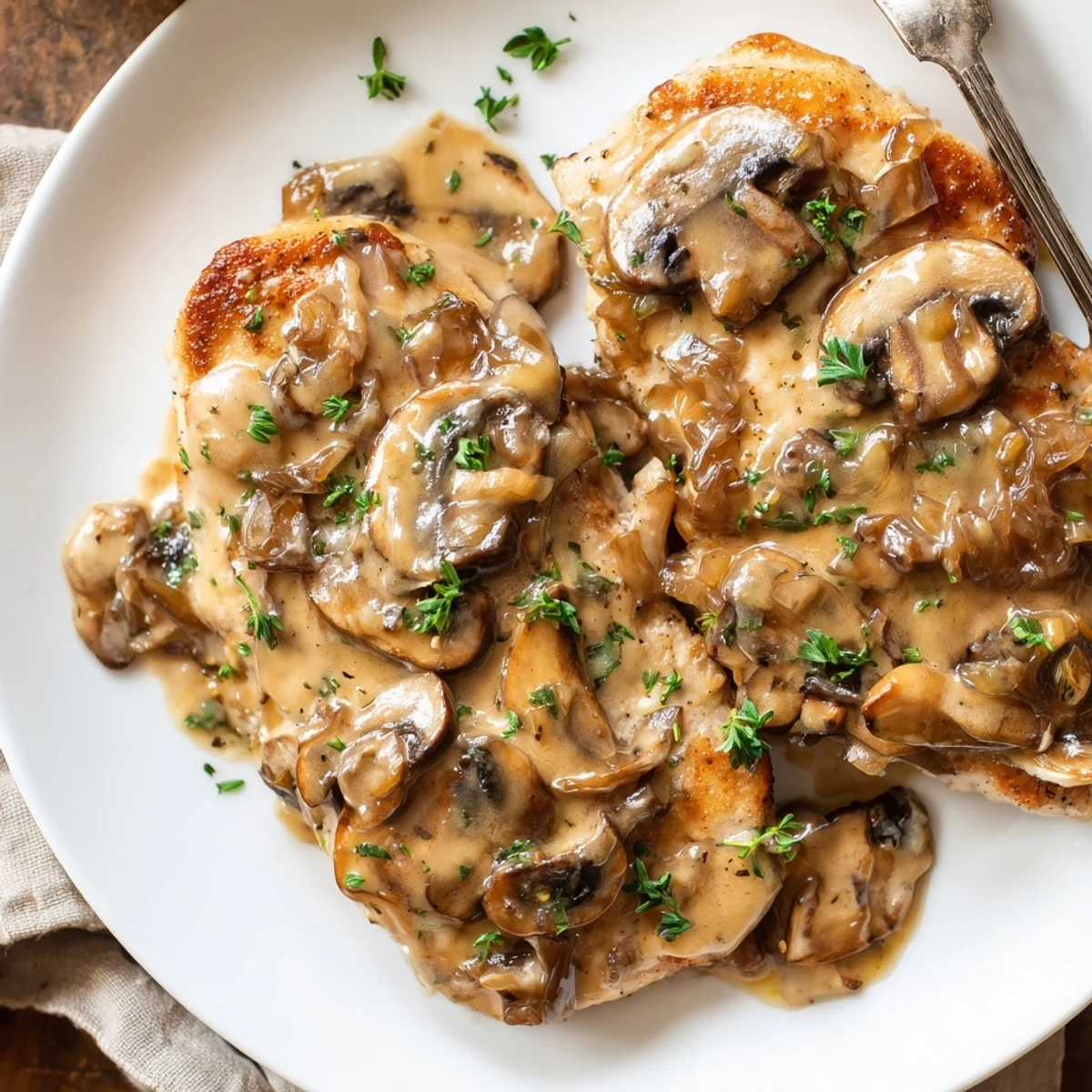Skillet Chicken And Mushroom Sauce sizzling in pan, creamy mushrooms glistening