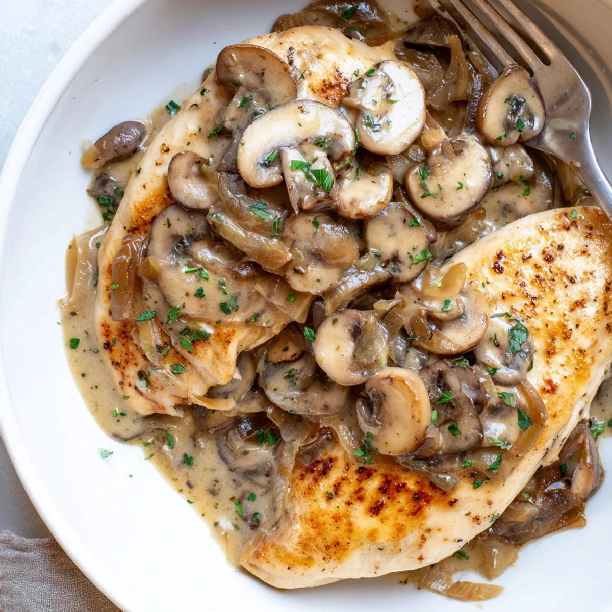 Pan-seared Skillet Chicken And Mushroom Sauce with fragrant thyme and glossy cream