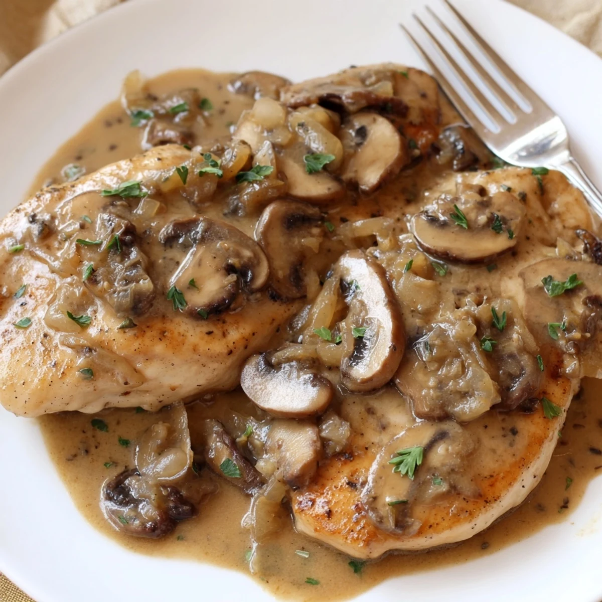 Hearty Skillet Chicken And Mushroom Sauce spooned over buttery mashed potatoes, parsley