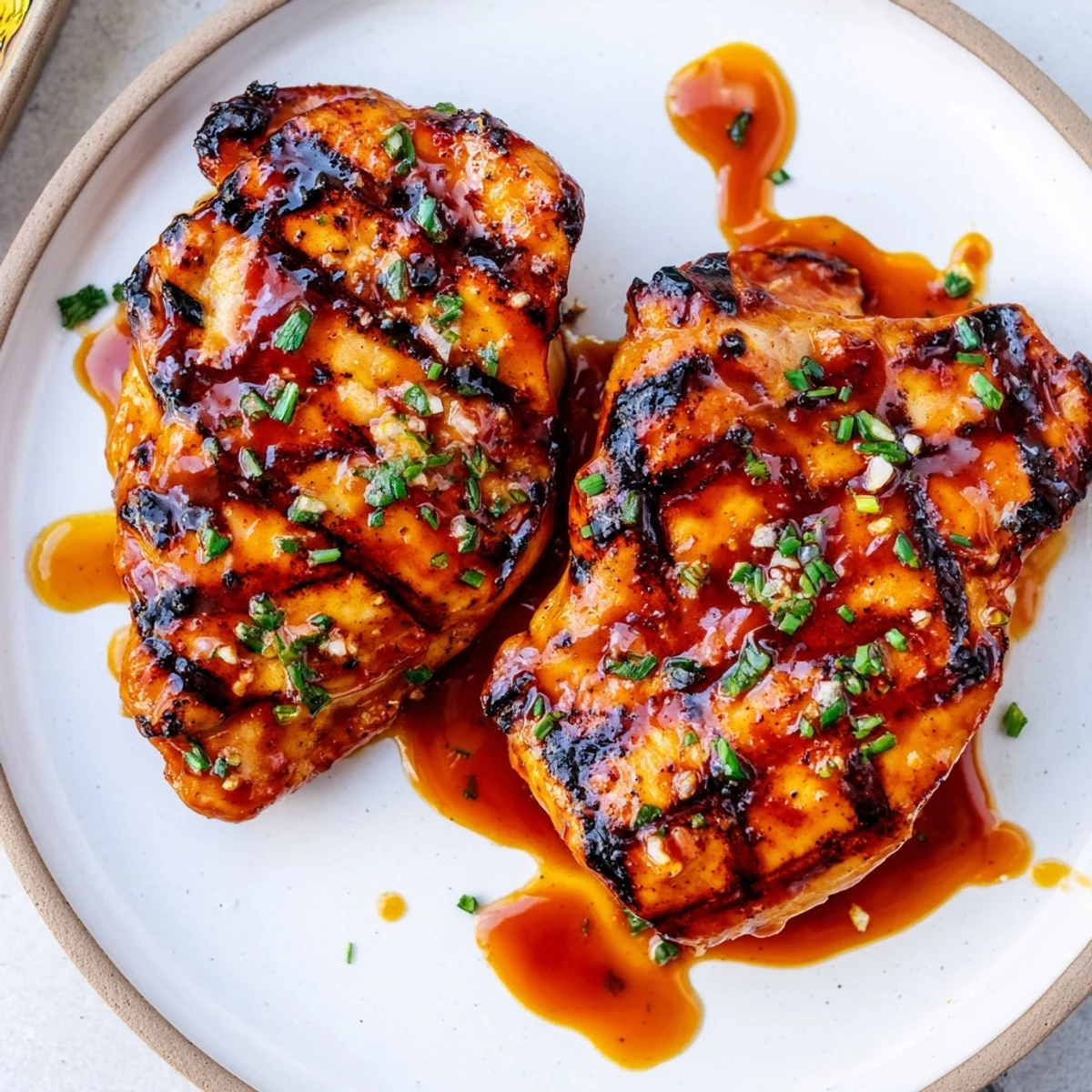 Grilled Honey Buffalo Chicken Thighs sizzling with sticky glaze, charred grill marks