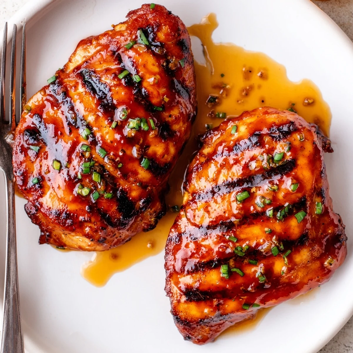 Smoky Grilled Honey Buffalo Chicken Thighs piled on platter, drizzled with sauce