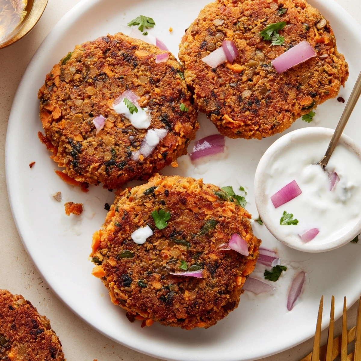 Pan-fried Crispy Sweet Potato Lentil Patties with cilantro garnish and avocado.