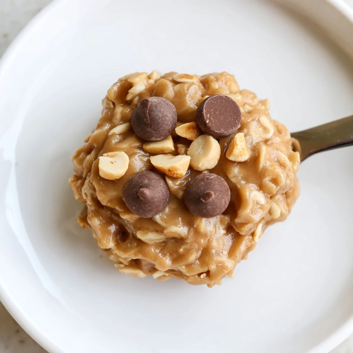Stacked Peanut Butter No Bake Cookies with crinkled tops and warm aroma.