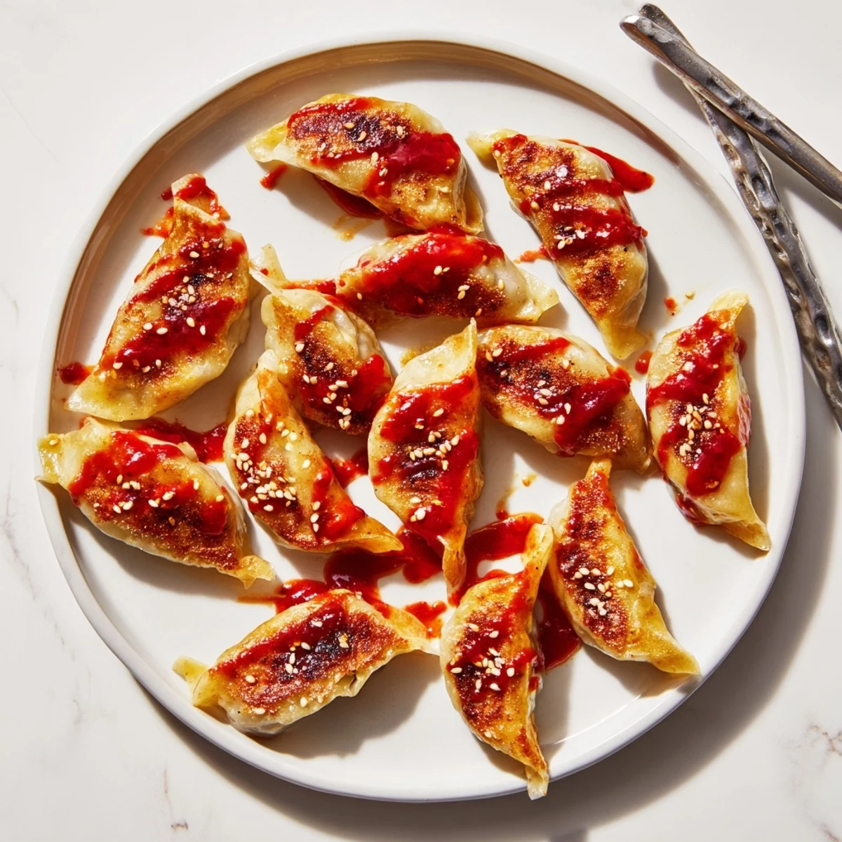 Korean beef mandu with glossy gochujang sauce served on white plate
