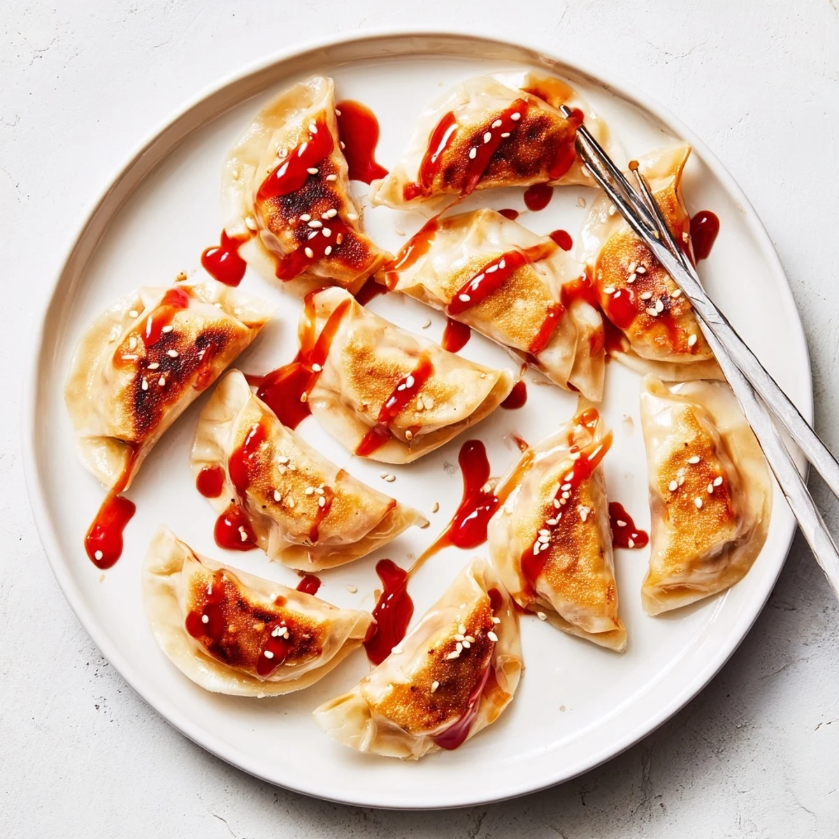 Golden crispy pan-fried beef mandu dumplings drizzled with sweet spicy gochujang glaze