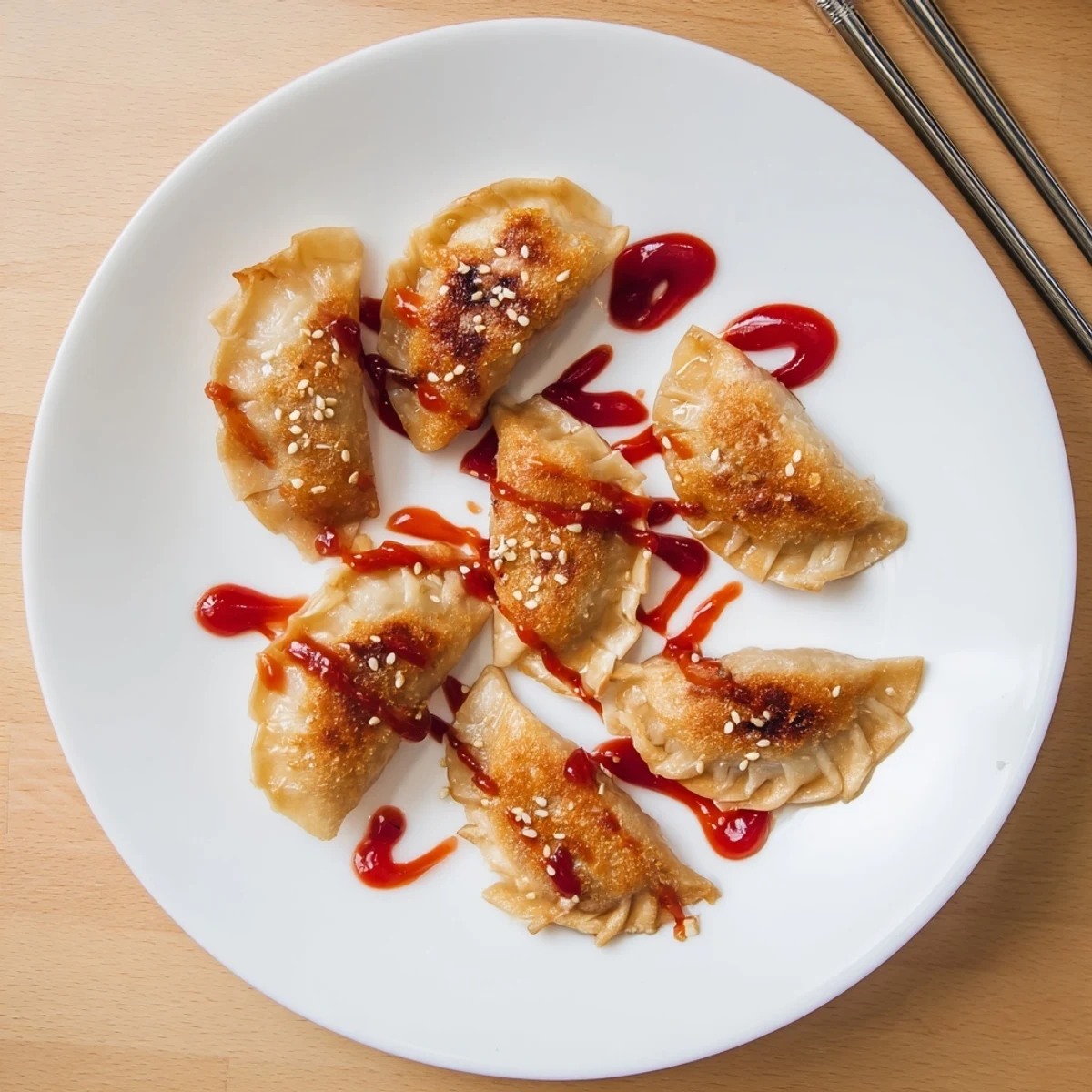 Savory beef dumplings pan-fried until crispy with red pepper sweet glaze topping