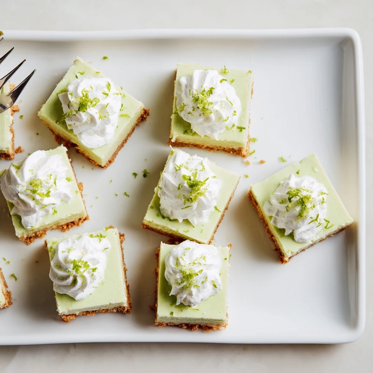 Golden Key lime pie bars with graham cracker crust topped with fresh whipped cream and green lime zest garnish on white plate