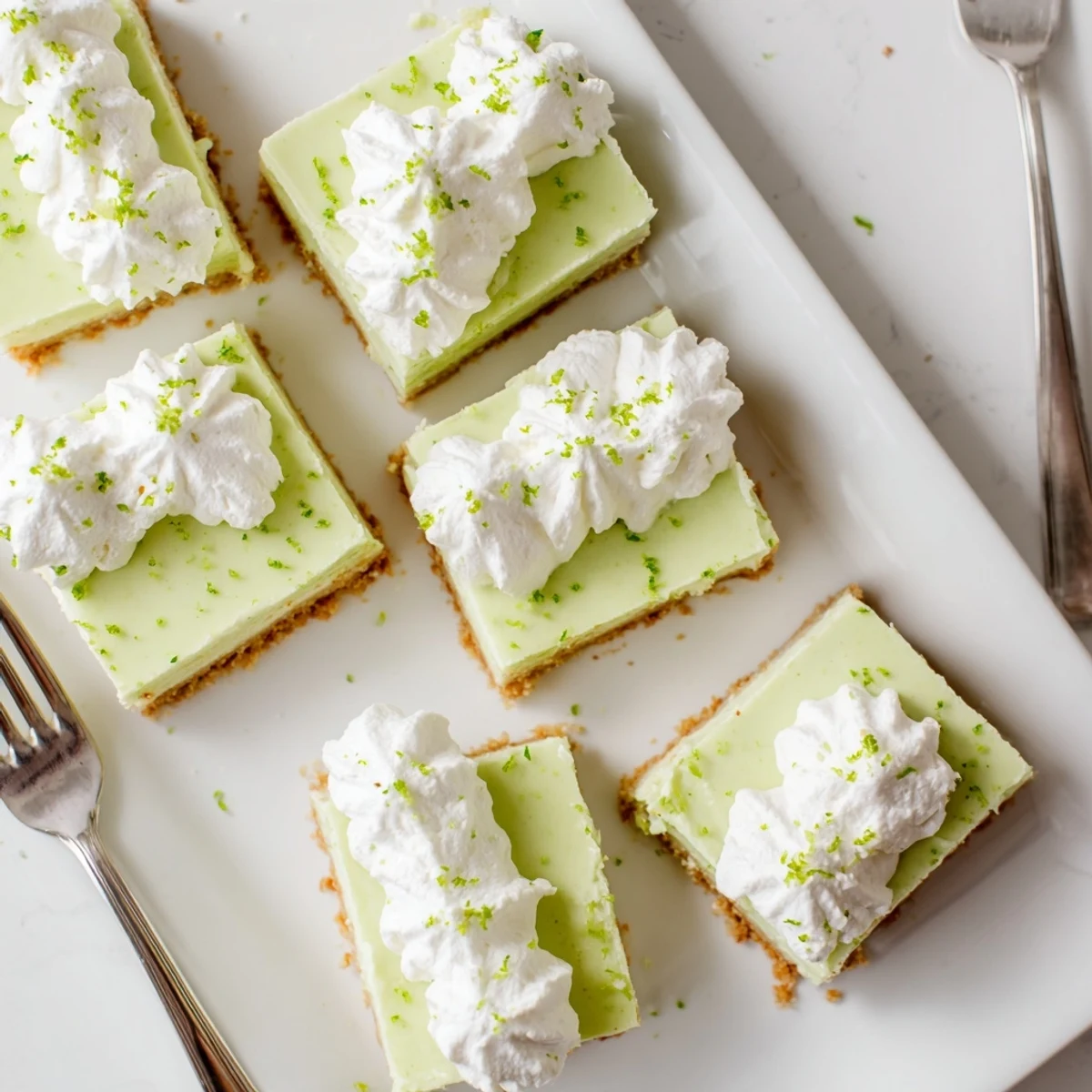 Close-up of chilled Key lime pie bars with bright lime zest and fluffy whipped cream topping on dessert serving platter