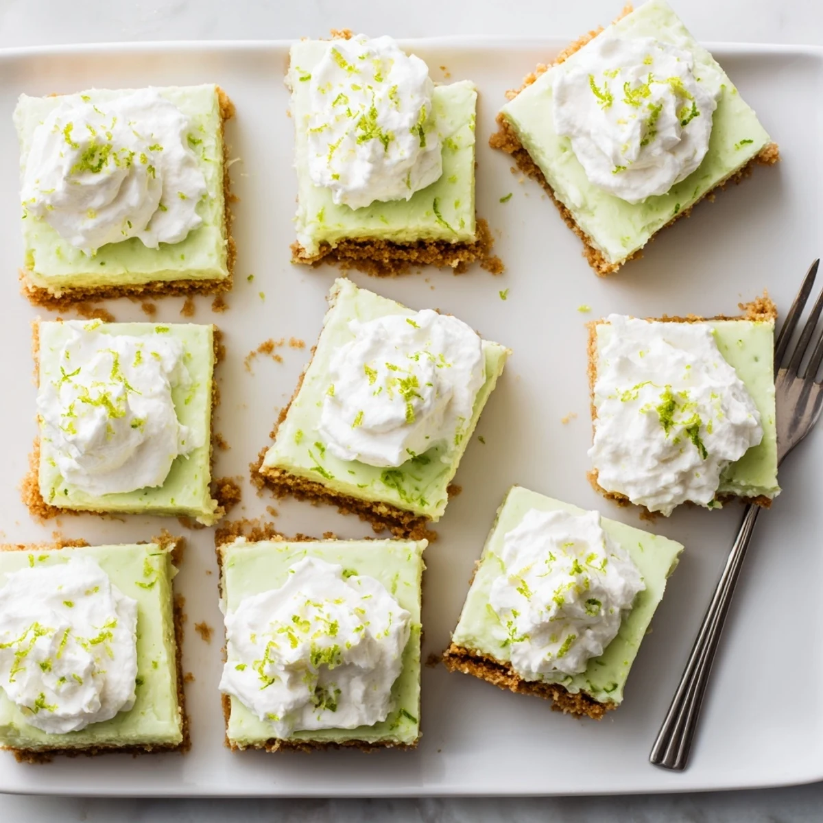 Creamy Key lime pie bars sliced into squares showing crisp crust and tangy green filling dusted with powdered sugar
