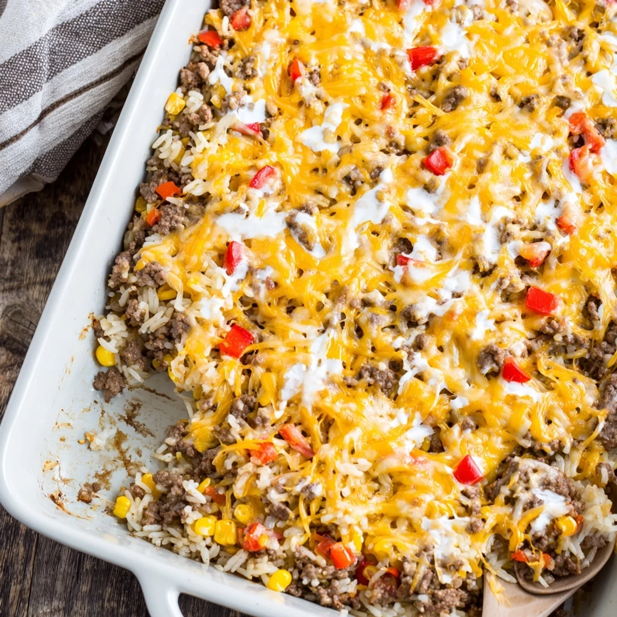 Golden cheesy beef and rice casserole fresh from the oven with bubbling melted cheddar