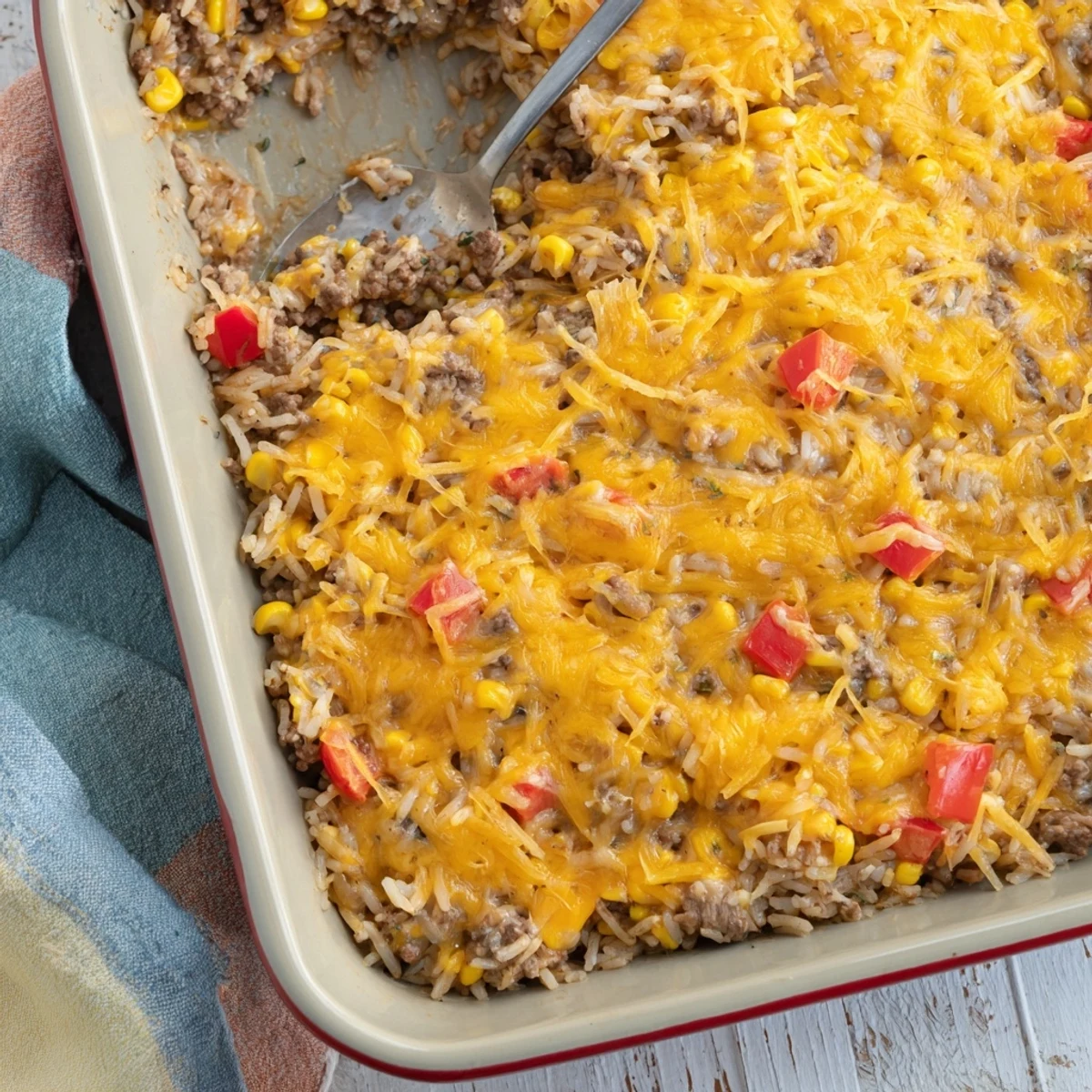 Baking dish filled with savory beef rice casserole topped with melted shredded cheese