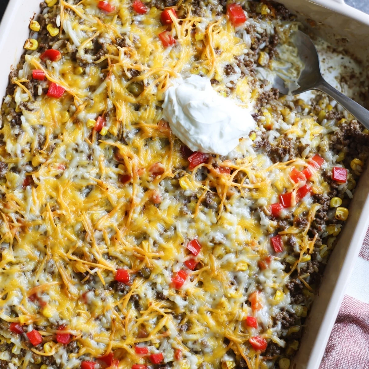 Comforting cheesy beef and rice delight casserole served piping hot with golden cheese layer