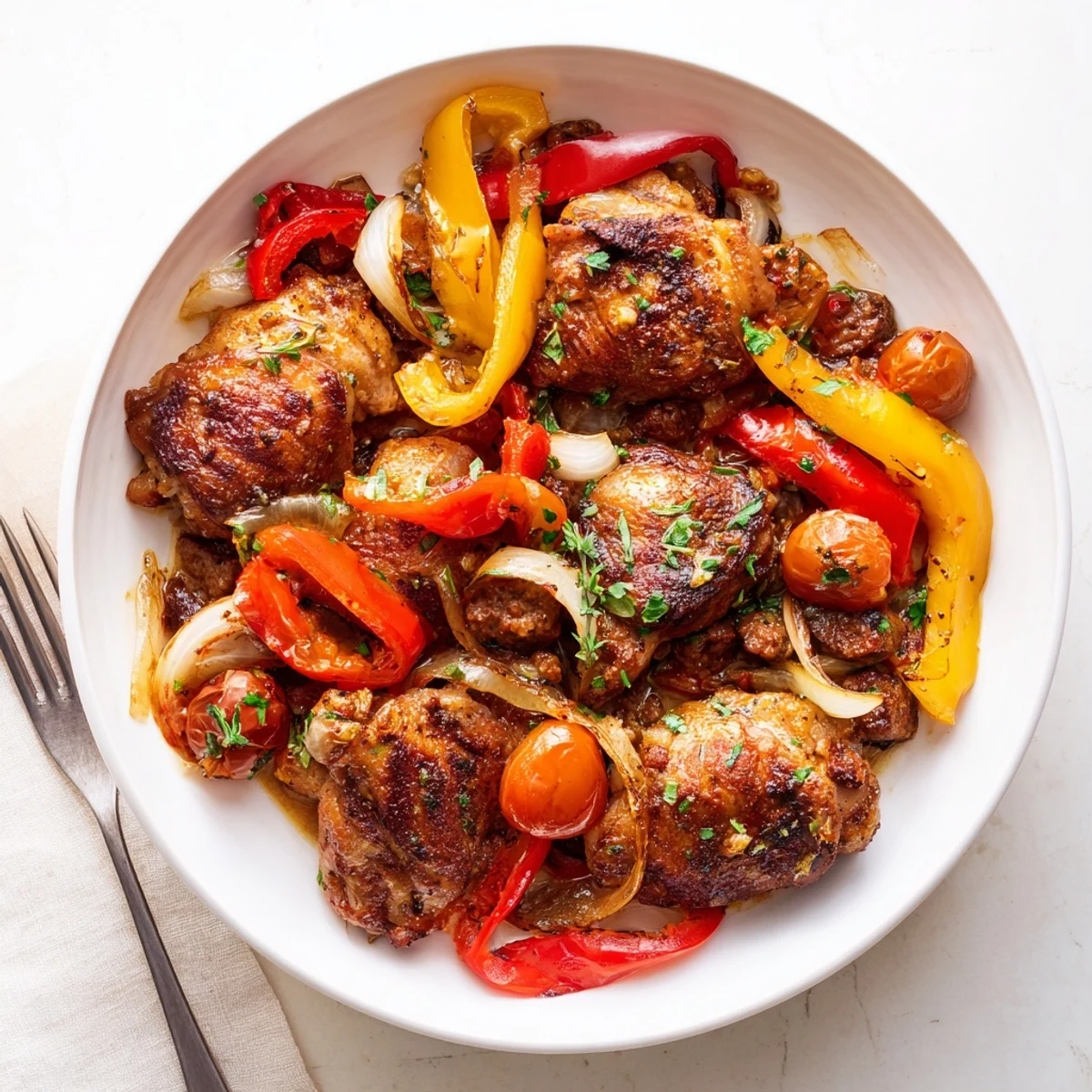 Golden brown chicken scarpariello with sausage and peppers in a rich simmering sauce