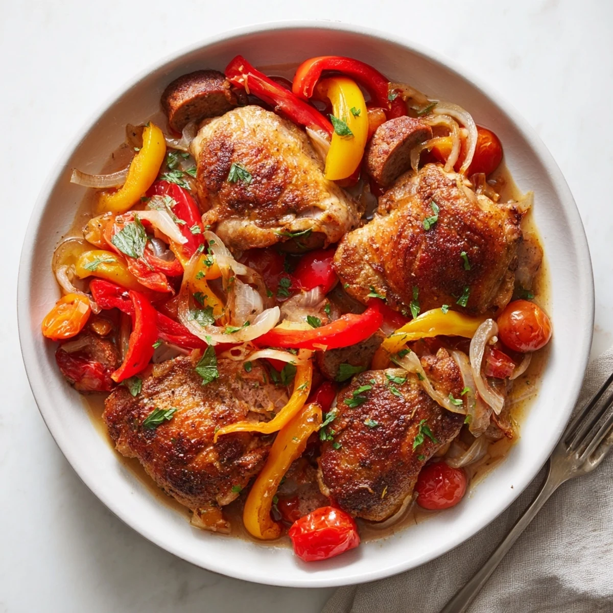 Tender chicken scarpariello baked with colorful bell peppers and spicy Italian sausage pieces