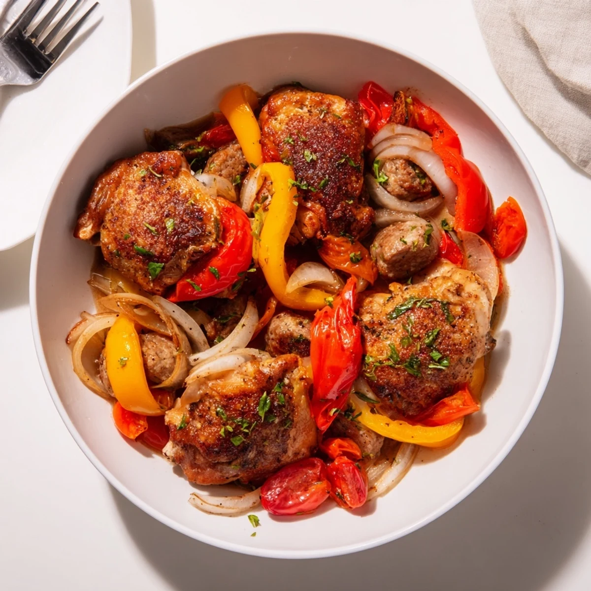 Chicken scarpariello featuring crispy skin thighs and vinegar glazed vegetables in a Dutch oven