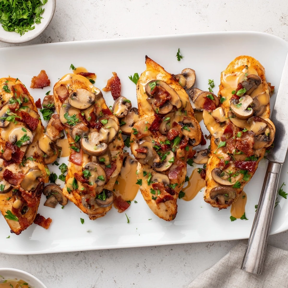 Golden Alice Springs Chicken topped with melted cheese, crispy bacon, and sautéed mushrooms on a white plate