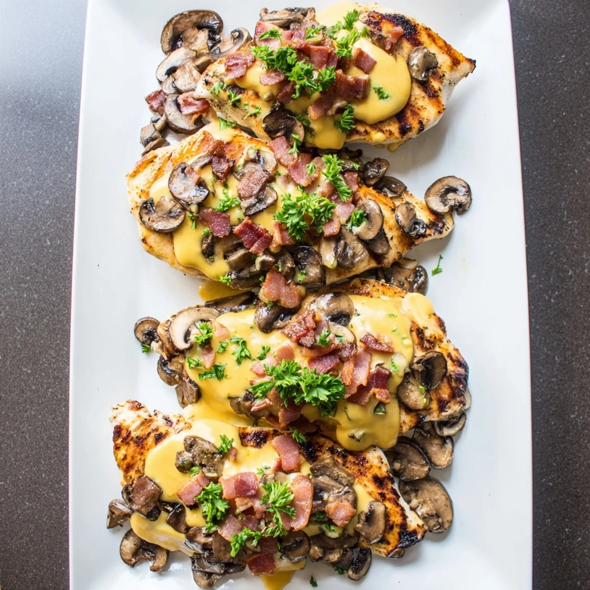 Sizzling Alice Springs Chicken featuring savory honey mustard sauce, bacon pieces, and mushroom topping ready to serve