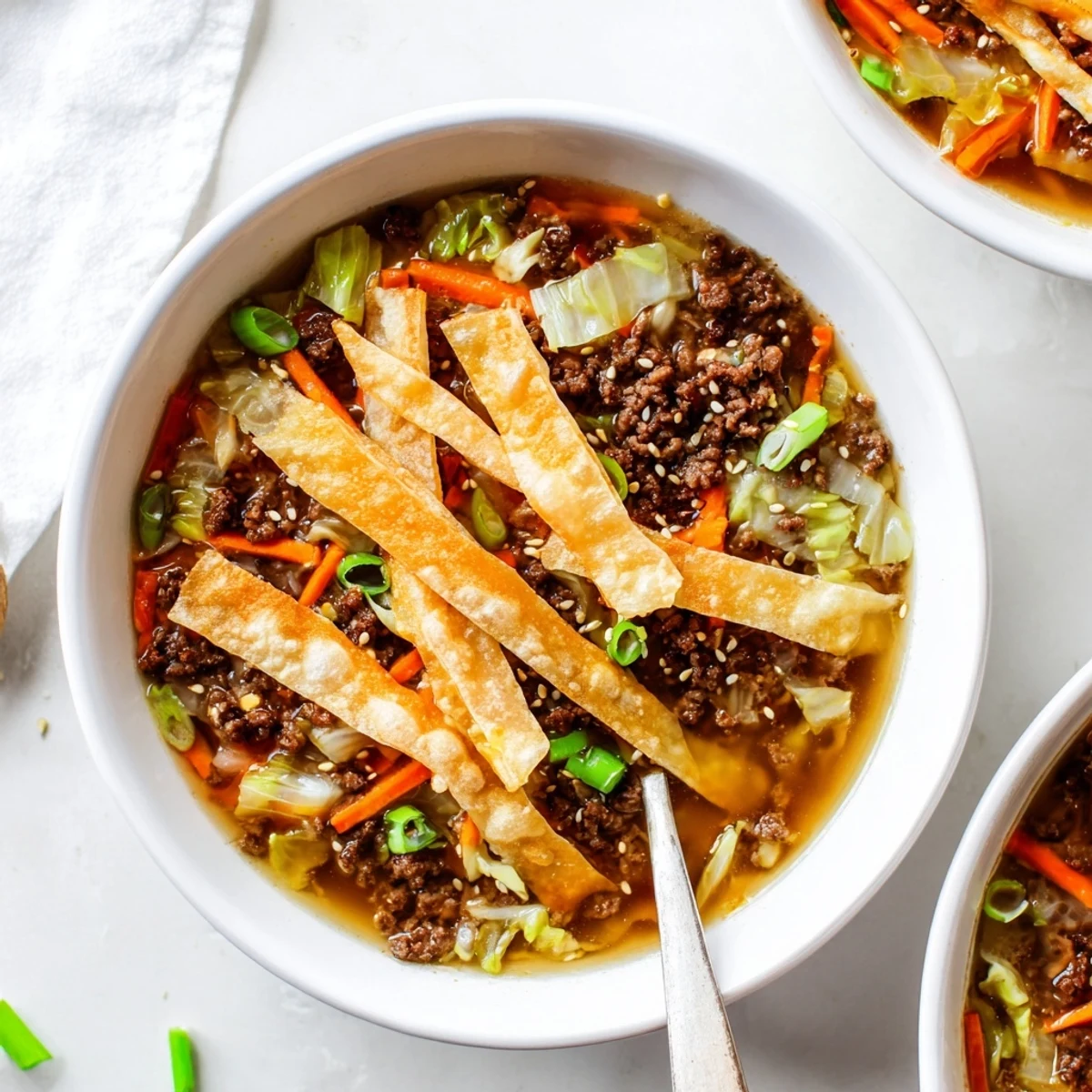Savory beef egg roll soup delight in a white bowl topped with golden crispy egg roll strips and fresh green onions