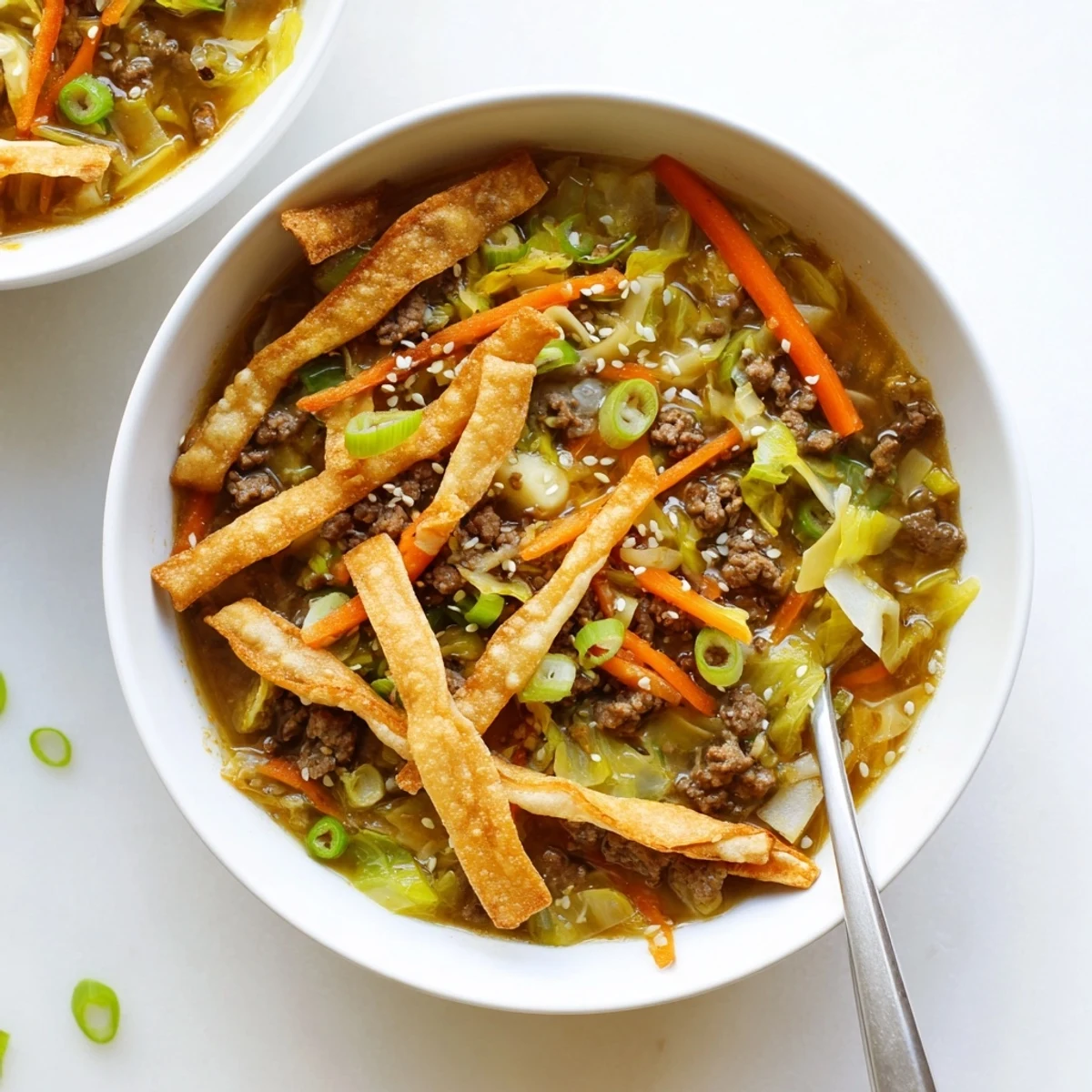Hearty beef egg roll soup delight featuring tender ground beef, shredded cabbage, carrots, and aromatic Asian spices in rich broth