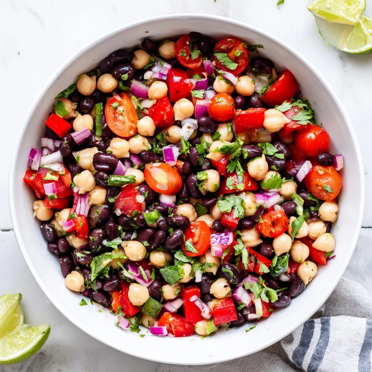 Refreshing three-bean salad with red bell pepper tomatoes and vibrant cilantro lime marinade on a rustic wooden table