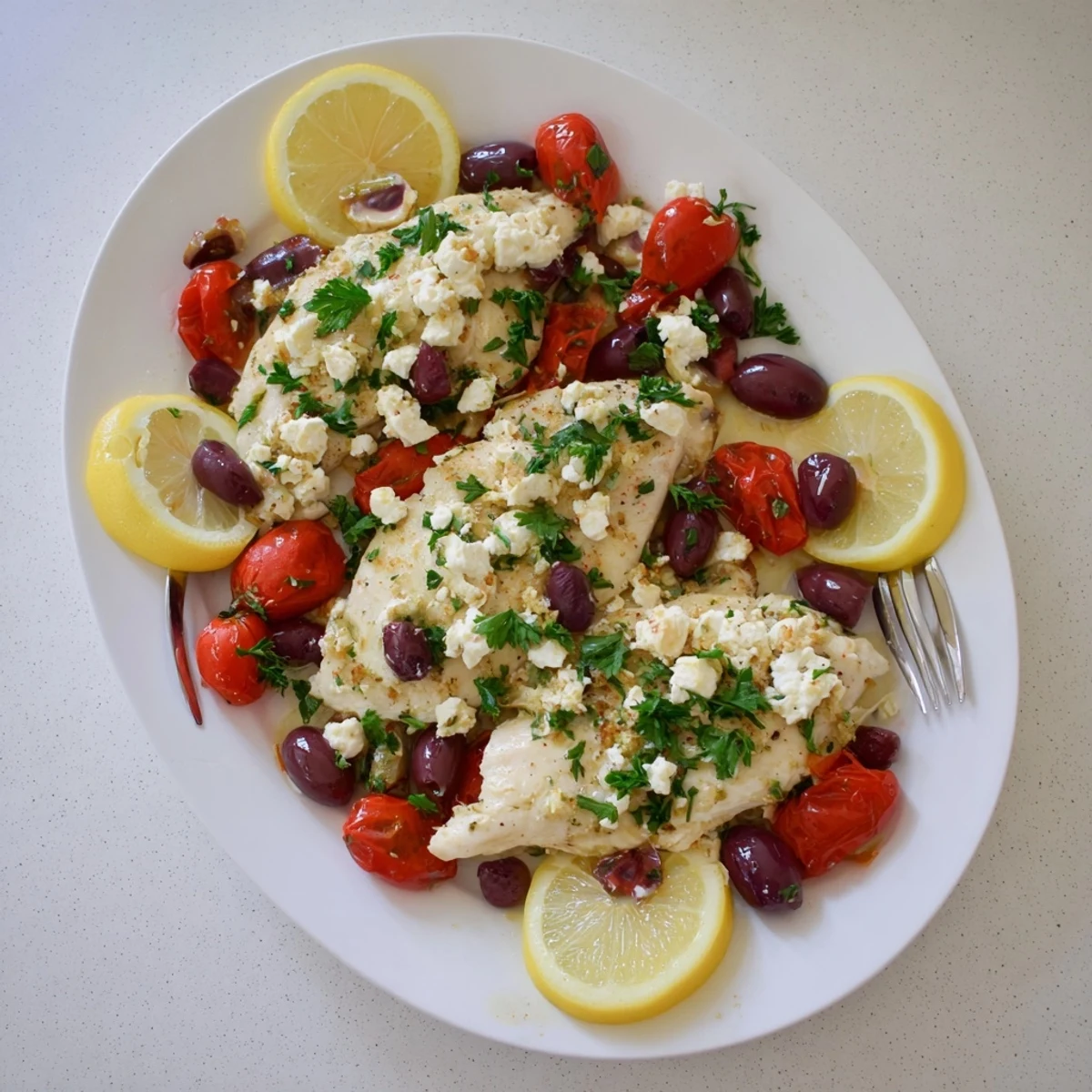 Golden baked Greek chicken with lemon and feta garnished with fresh parsley and olives
