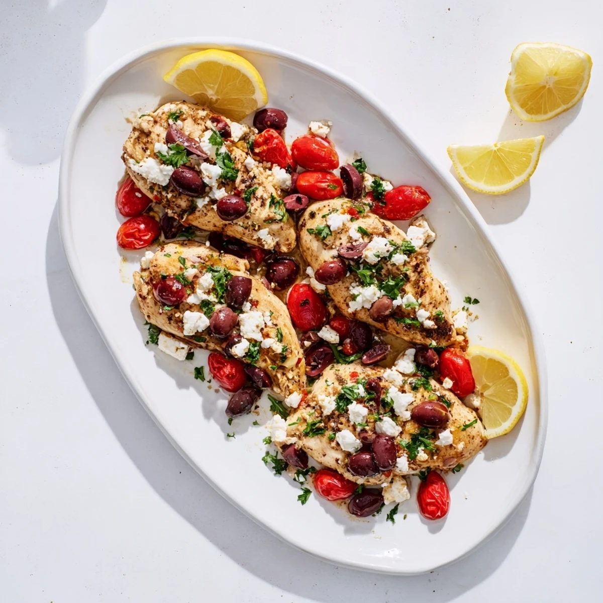 Juicy lemon-marinated Greek chicken with melting feta cheese and cherry tomato halves