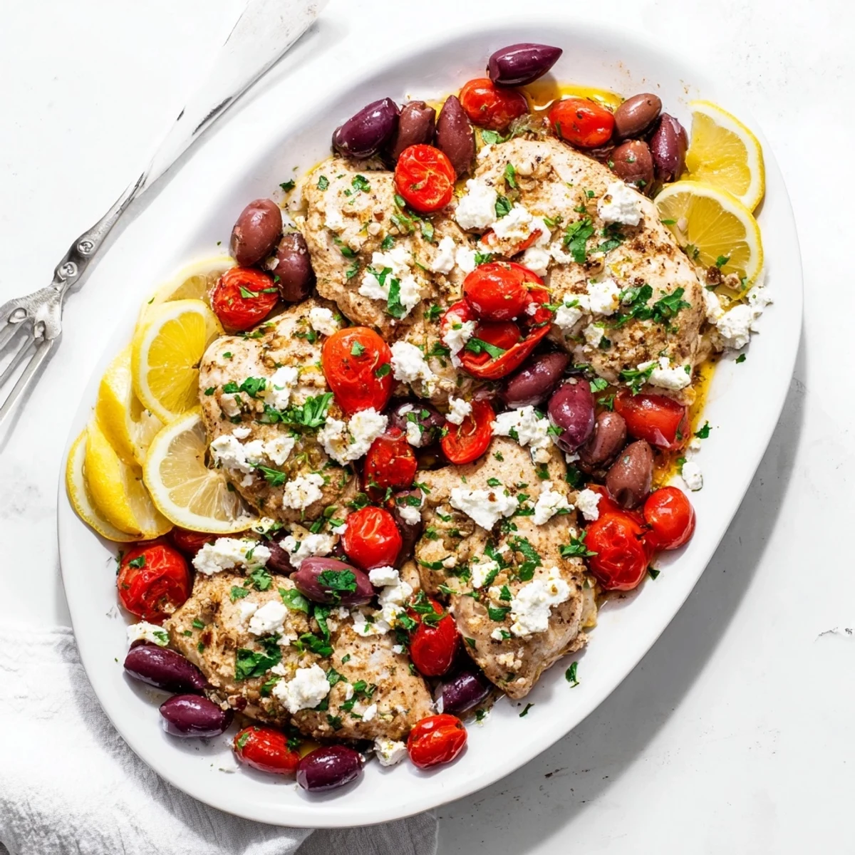 Mediterranean-style Greek chicken with lemon and feta served with olives and fresh herbs
