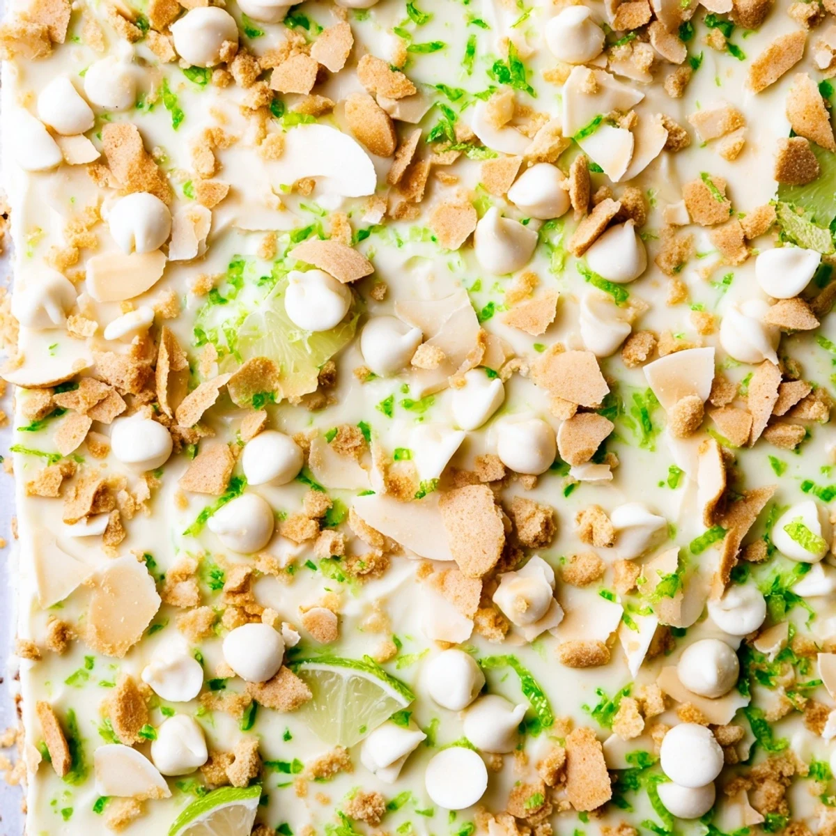 Frozen Key lime pie yogurt bark with graham cracker crumbs and white chocolate chips