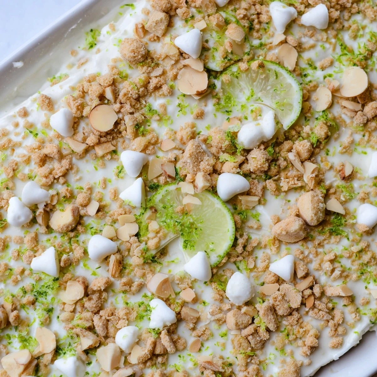 Refreshing frozen Key lime pie dessert bark with tangy lime and crunchy toppings