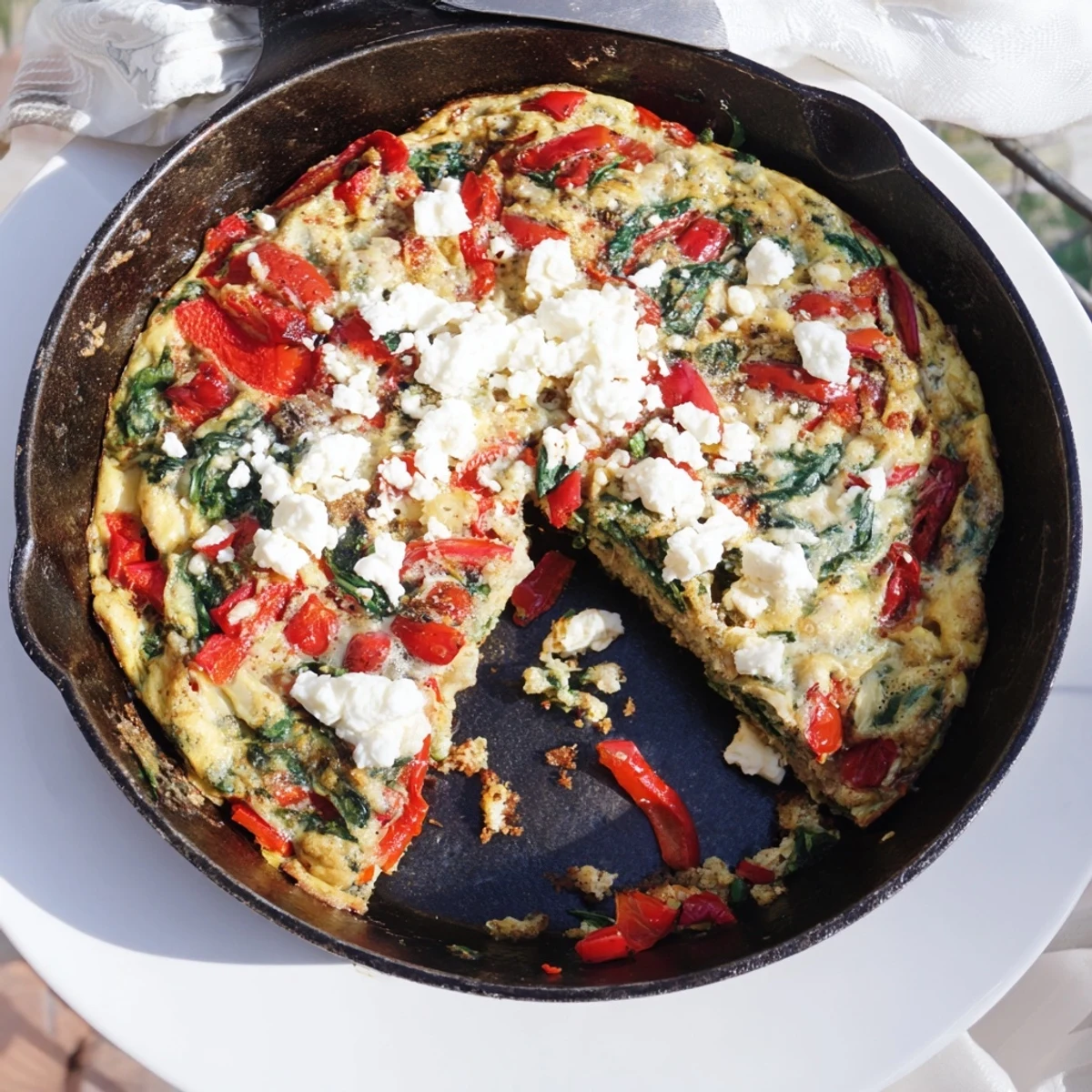 Vibrant Mediterranean-style roasted red pepper spinach baked frittata sliced into wedges for breakfast or brunch