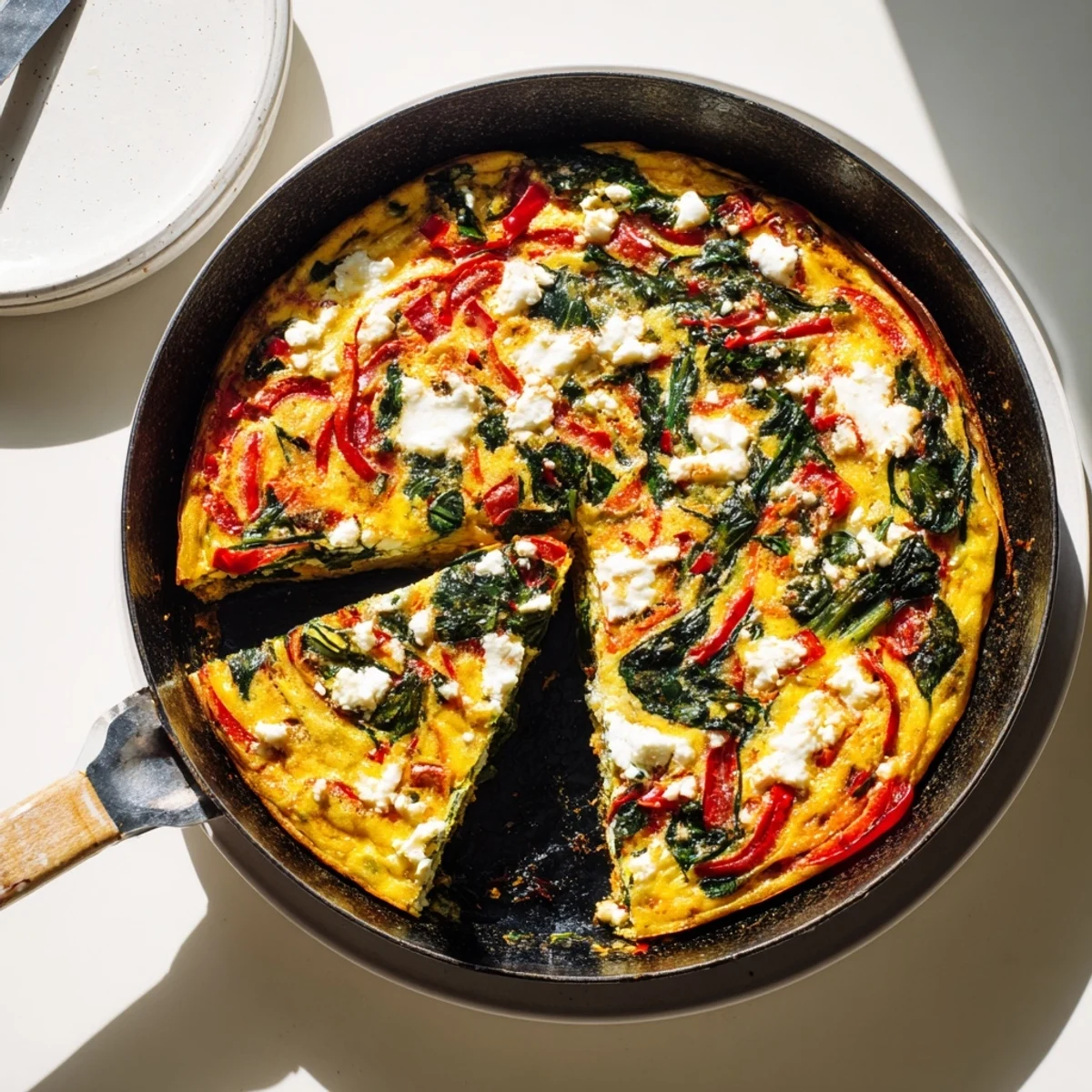 Golden roasted red pepper spinach baked frittata with melted cheese topping served on a white plate