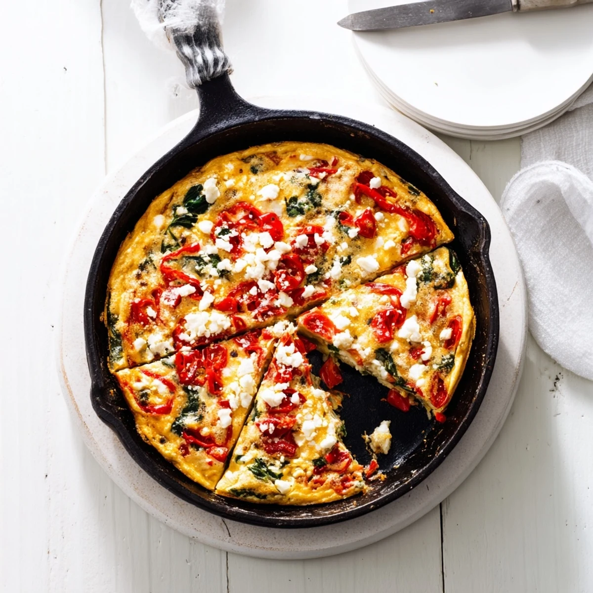 Creamy roasted red pepper spinach baked frittata fresh from the oven with golden edges and fluffy center