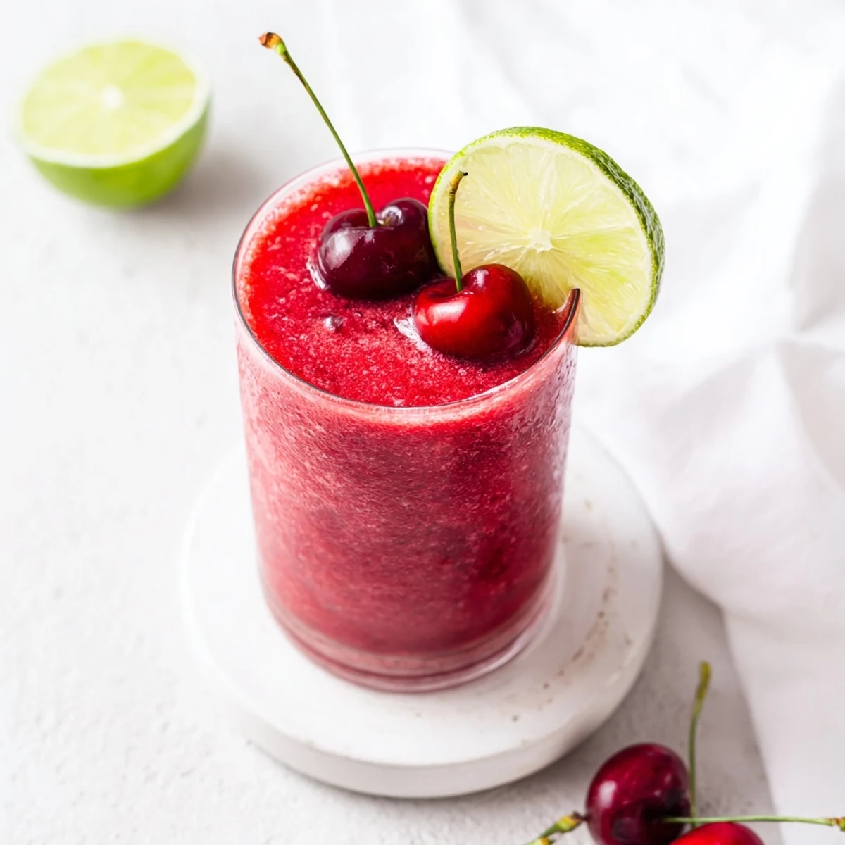 Refreshing cherry lime sunrise slush in chilled glasses topped with fresh lime slices and bright red cherries