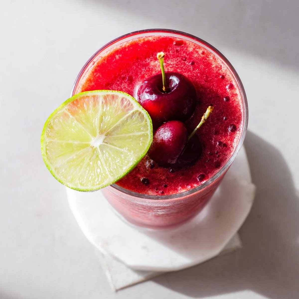 Vibrant pink cherry lime sunrise slush with smooth icy texture and citrus garnish on a sunny afternoon
